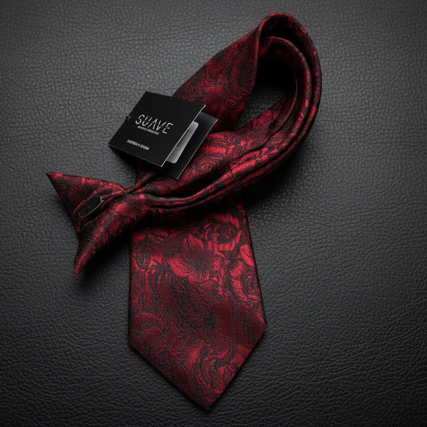 Luxury Wodven Silk Tie - Floral Burgundy